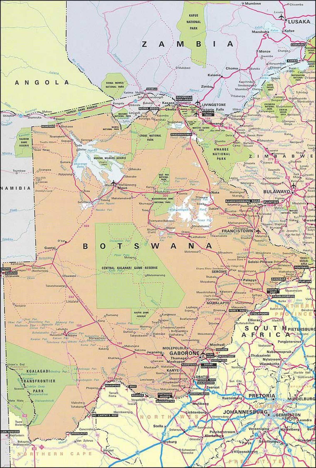 harta detaliată hartă rutieră a Botswana