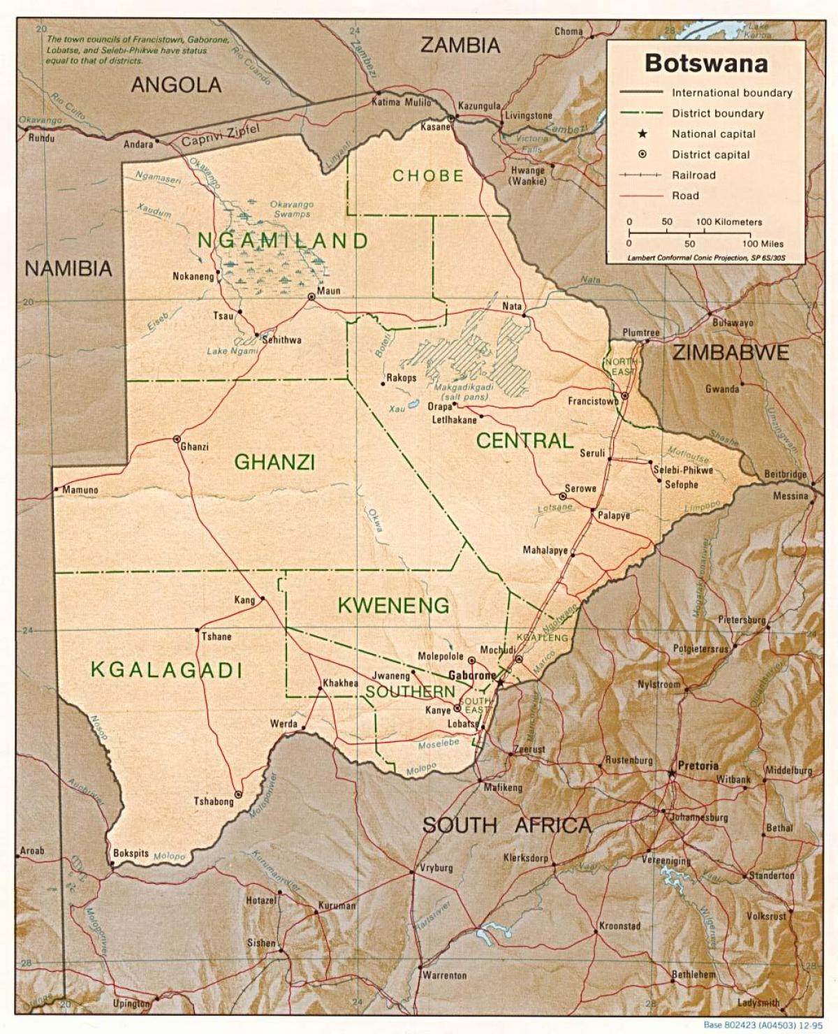 harta Botswana arată orașe și sate
